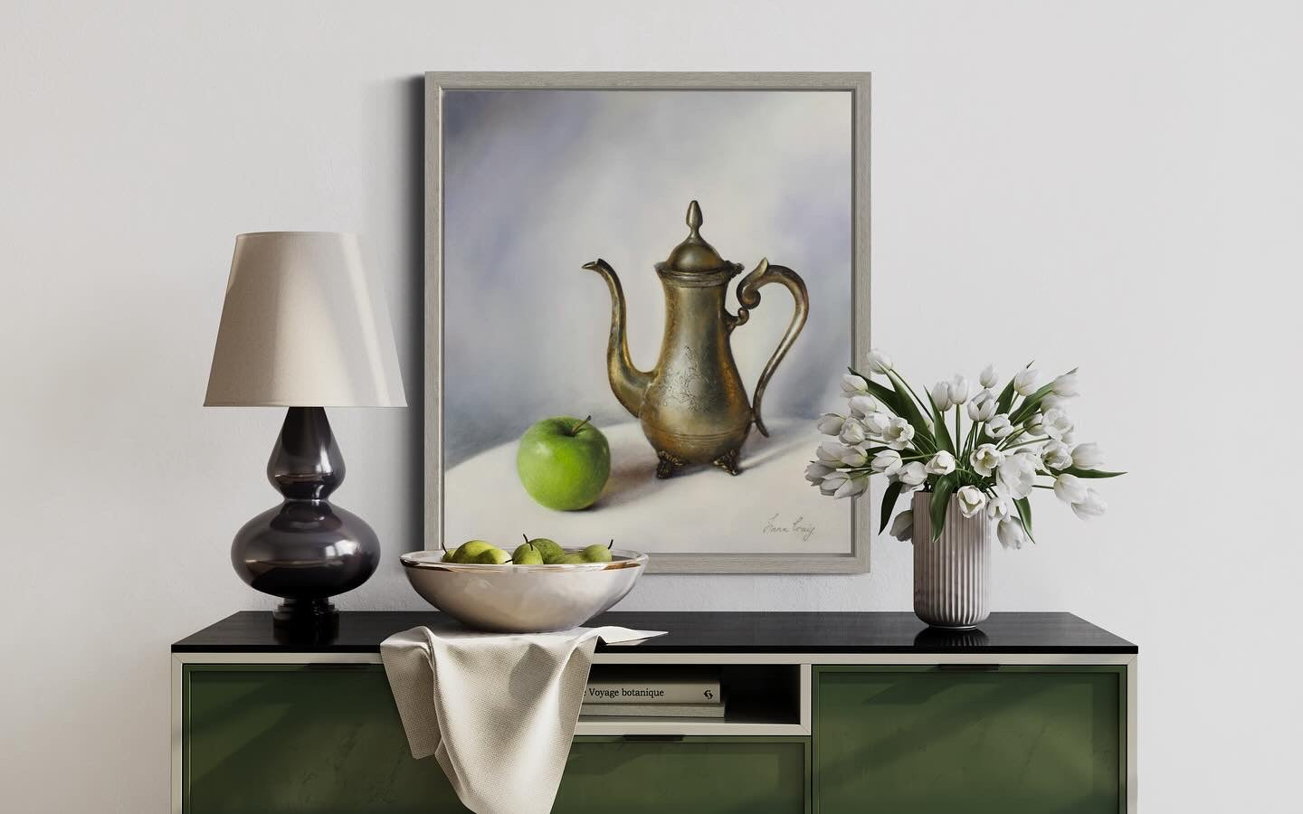 "Solitude in metal and fruit" | Original oil on stretched linen