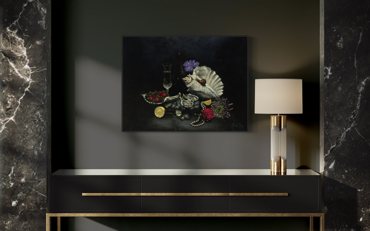 "Still life with oysters and pearls" | Original oil on stretched linen | Framed