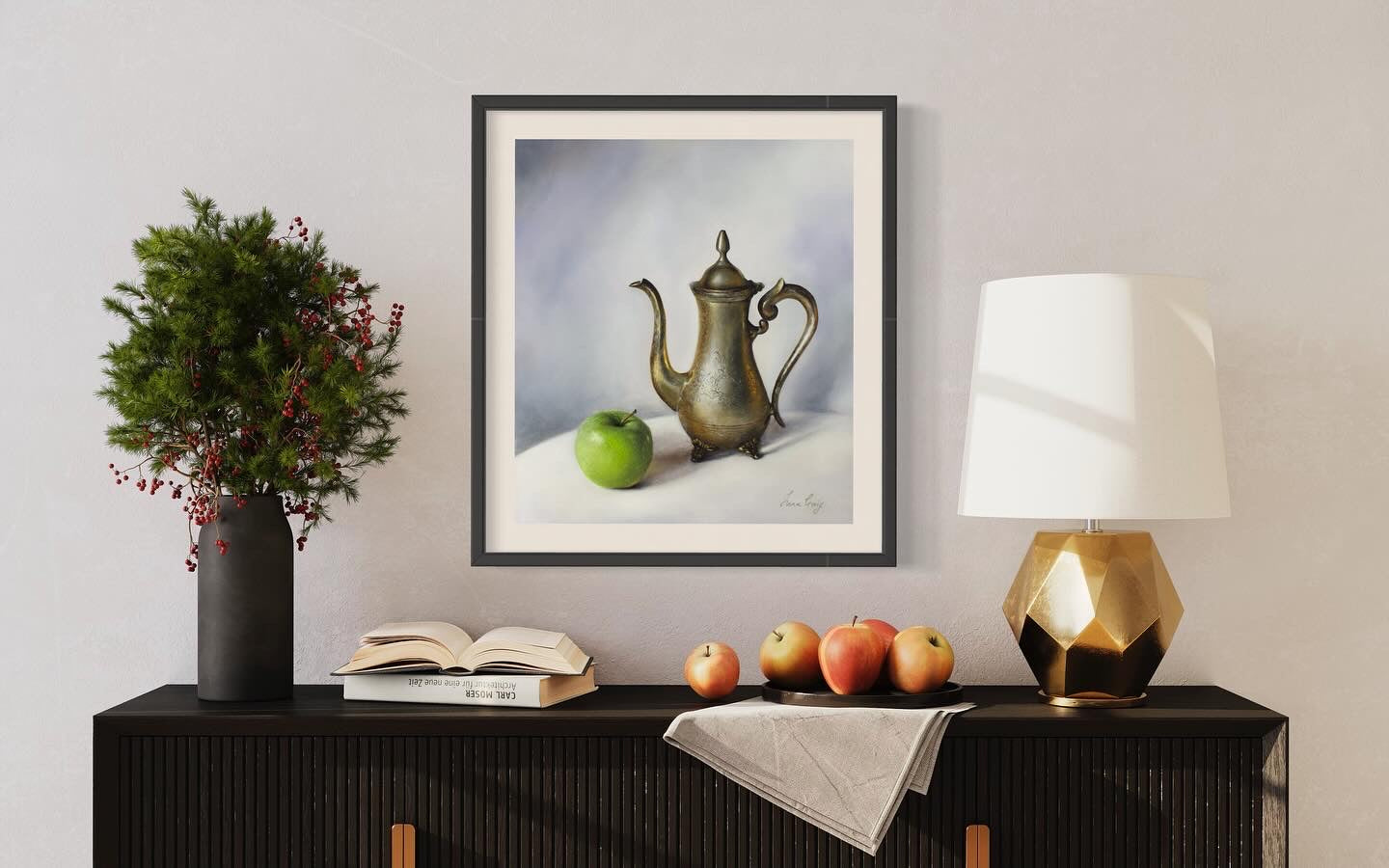 "Solitude in metal and fruit" | Original oil on stretched linen