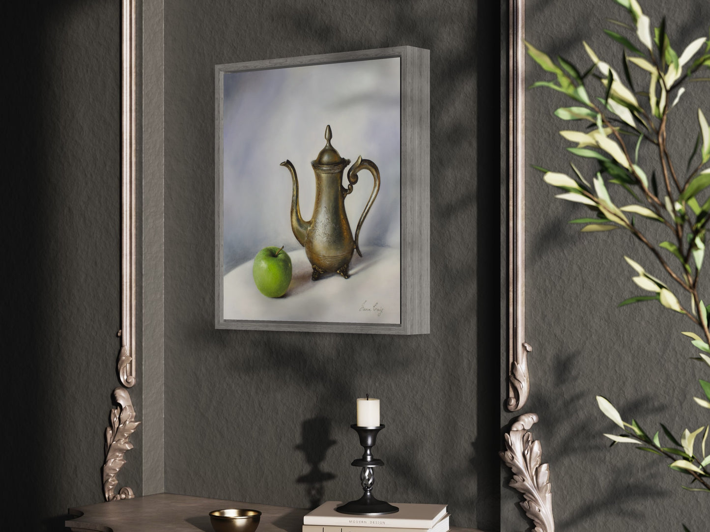 "Apple and teapot" | Original oil on stretched linen