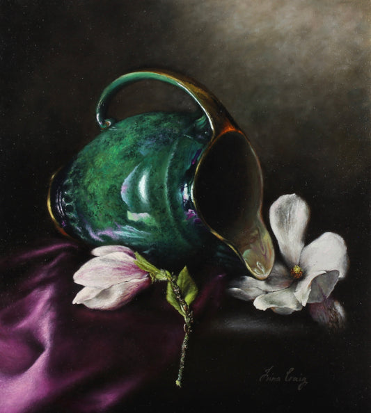 "Emerald vase and magnolias" | Original oil on stretched linen | Unframed